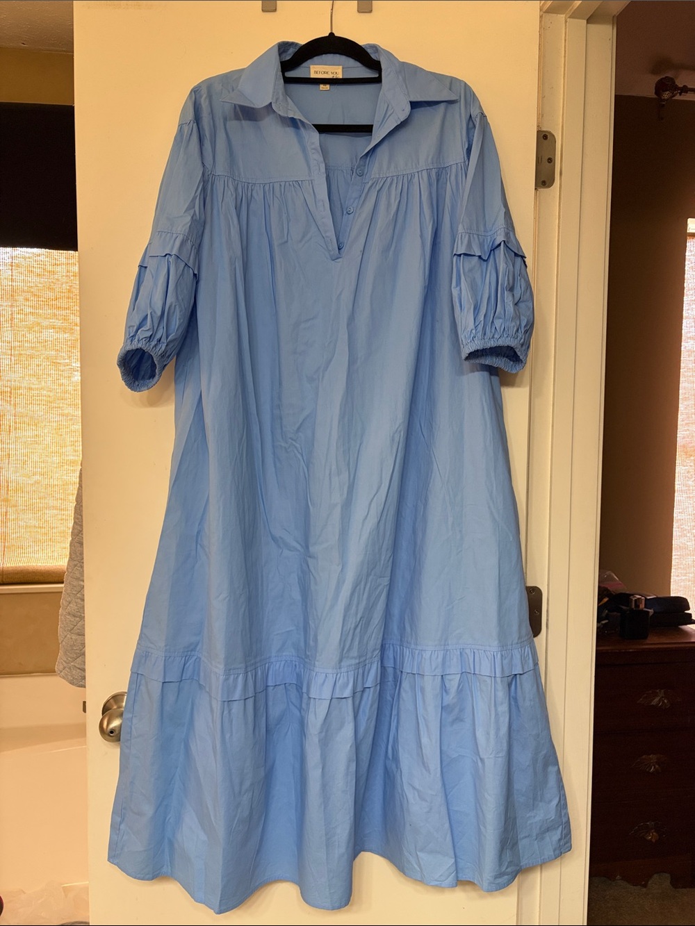 Light Blue Tiered Cotton Midi Dress with Notched Collar